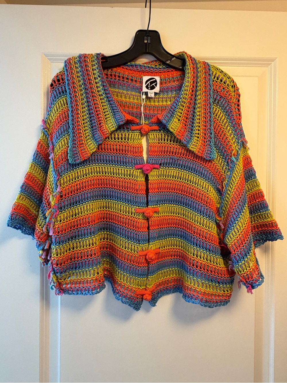YanYan Multicolor Striped Crochet Short Sleeve Cardigan